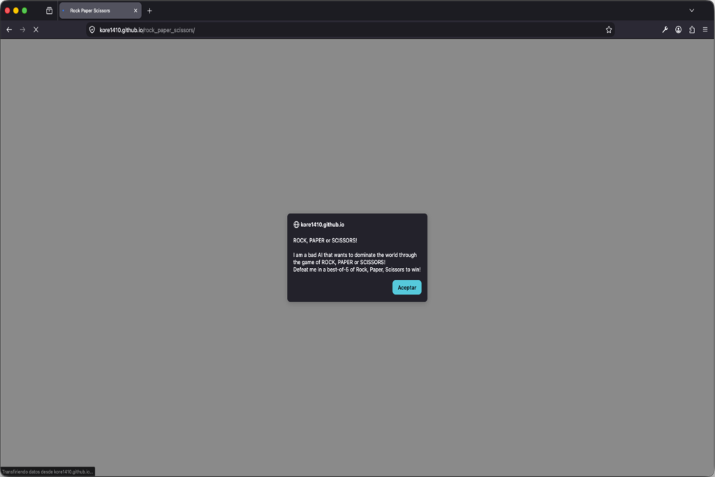 Screenshot of a web browser window in dark mode. In the center appears a pop-up alert from the site kore1410.github.io with the message "ROCK, PAPER, SCISSORS!" and a blue button that says "Accept".