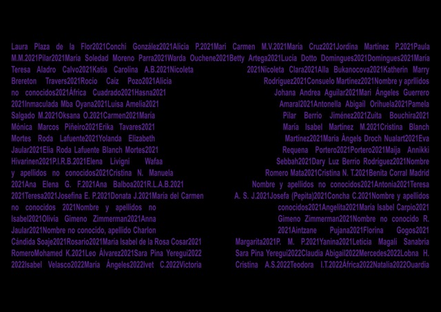 A work of visual poetry on a black background, featuring a dense list of women's names and years in violet typography. The text forms a composition with the names of femicide victims aligned continuously, representing the feminist symbol.