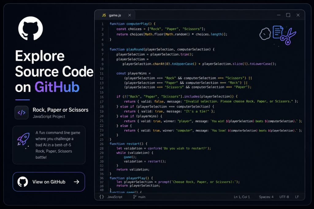 View the source code for the Rock, Paper or Scissor game on GitHub
