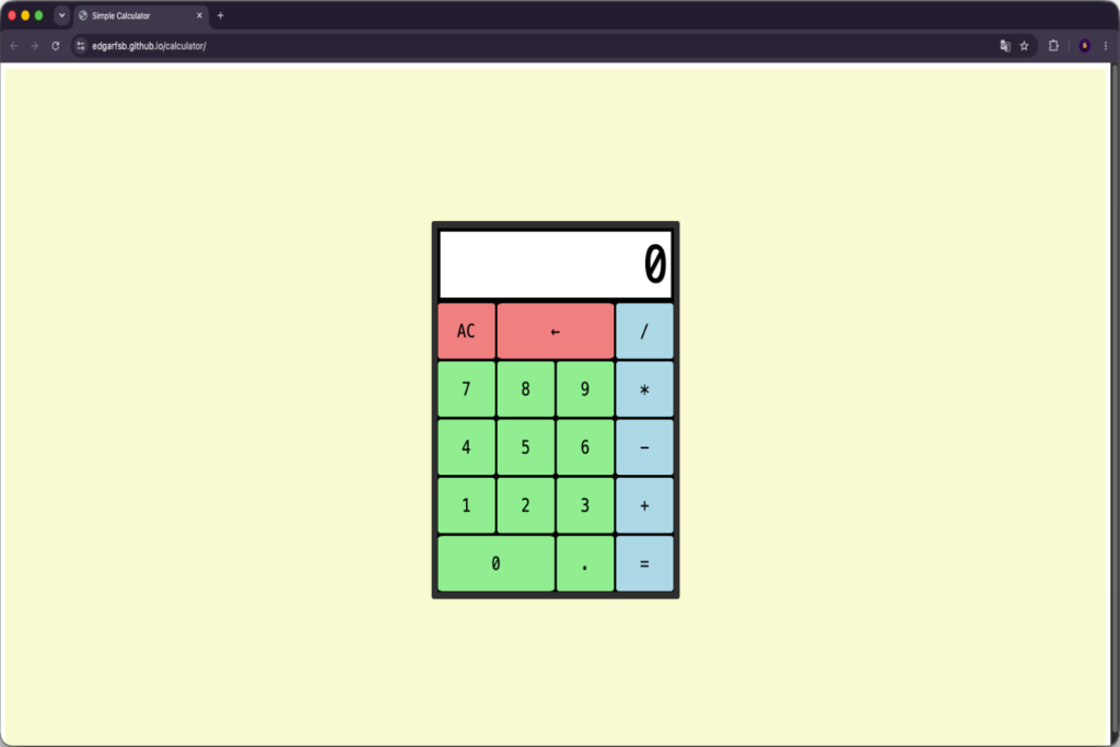 Mockup of a web interface displaying an interactive digital calculator. The calculator has clear buttons in pastel red, number buttons in pastel green, and mathematical operation buttons in light blue, all on a light beige background.