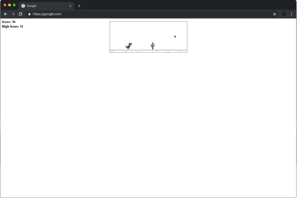 Mockup of a Google Chrome browser window with the dinosaur game centered in black and white. It shows the dinosaur running towards a cactus and score markers (Score and High Score) in the upper left corner.