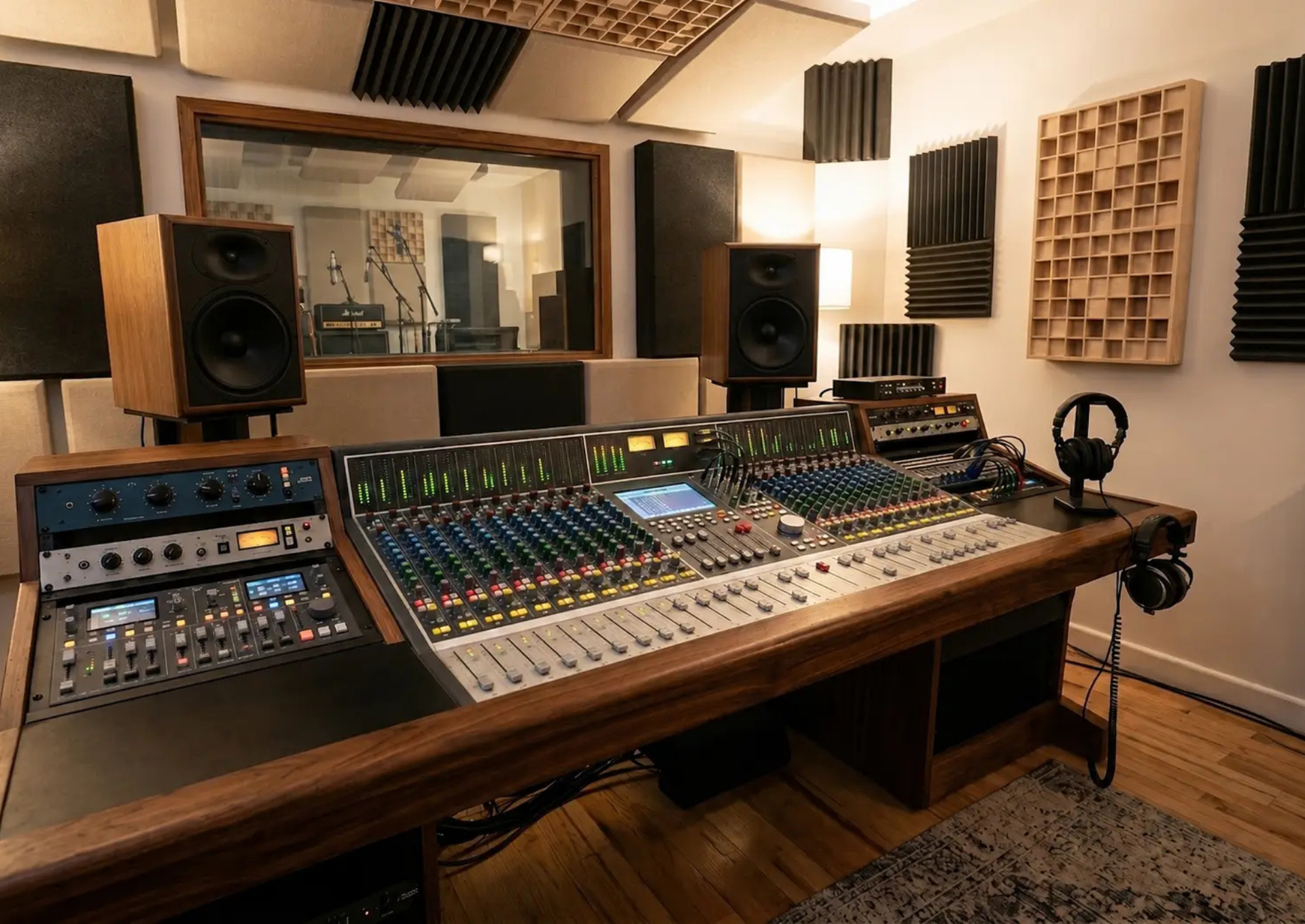View of the control room of a music production studio. In the foreground is a large analog mixing console with multiple potentiometers and controls, flanked by audio monitors with a wood finish. In the background, the glass wall leading to the recording booth and walls equipped with diffusers and acoustic treatment panels are visible.