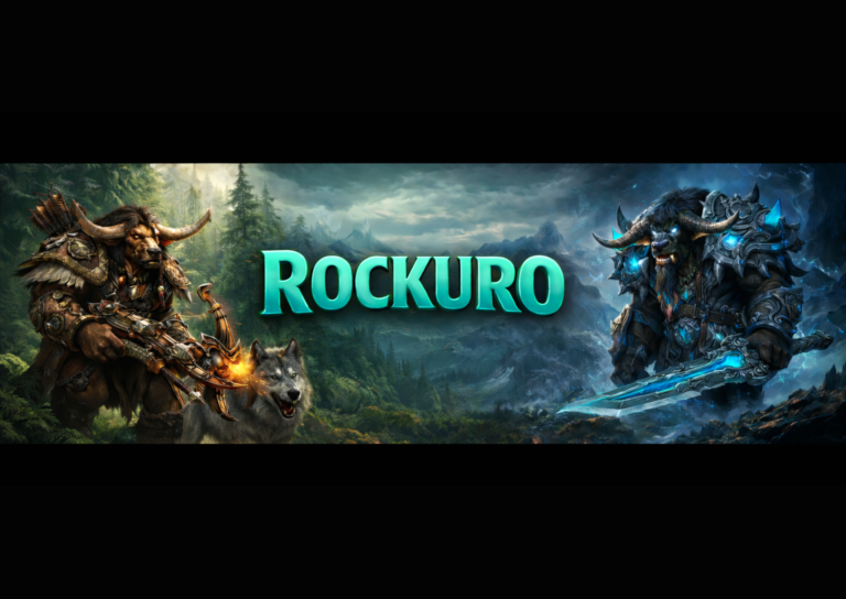 World of Warcraft themed banner with the central text ROCKURO. On the left, a Tauren hunter armed with a crossbow stands next to a wolf in a forest. On the right, a Tauren Death Knight in blue plate armor holds a glowing runeblade against a mountain background.