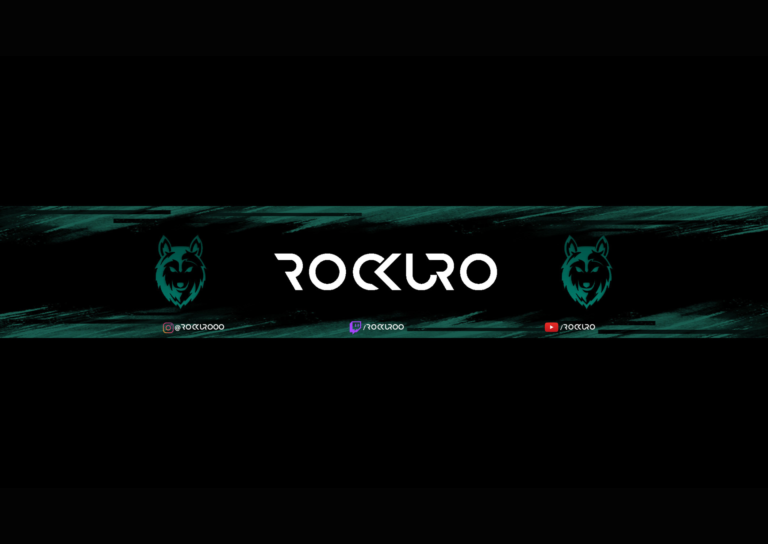 Promotional banner with the central text ROCKURO in futuristic white typography on a black and dark green background. It includes a green wolf logo on both sides and links to Instagram, Twitch, and YouTube at the bottom.