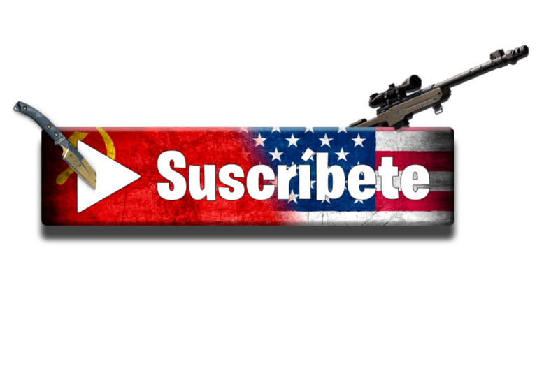 A YouTube subscription button with the word "Subscribe" in white, with a grunge texture and a split design: the left side is red with the communist flag (hammer and sickle) and a tactical knife, and the right side is the US flag with a sniper rifle.