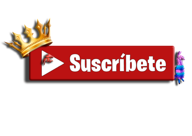 Red subscription button with the word "Subscribe" and a play icon. Includes a golden crown in the upper left corner and a Fortnite llama peeking out from the right.