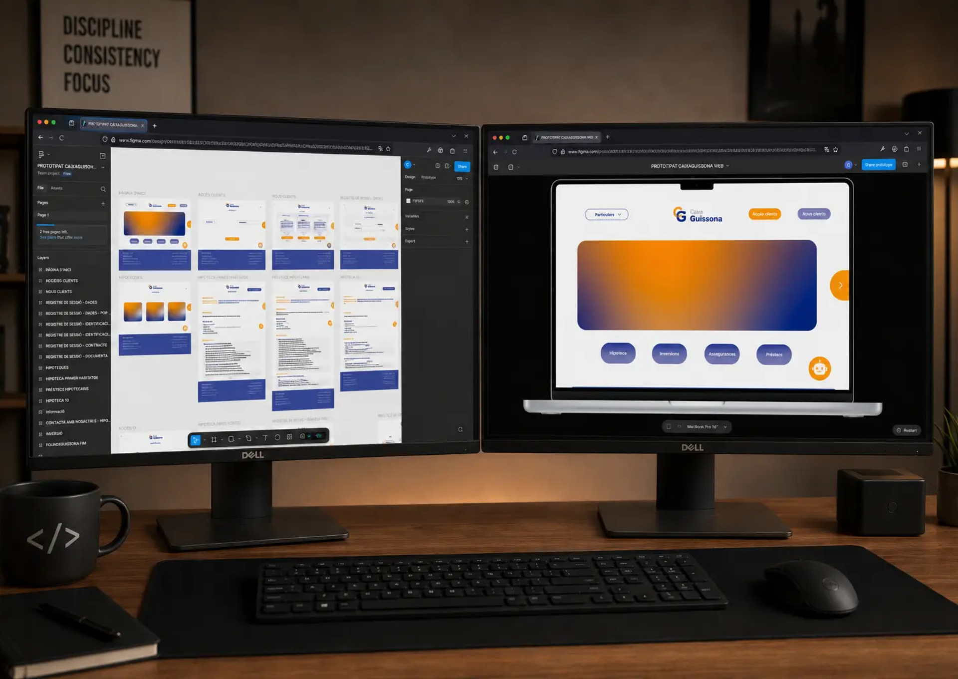 A UX/UI designer's workspace with two Dell monitors mounted and centered on a wooden desk. The left monitor displays the Figma workspace with multiple prototyping screens for Caixa Guissona, and the right monitor shows the web design preview in a laptop frame.