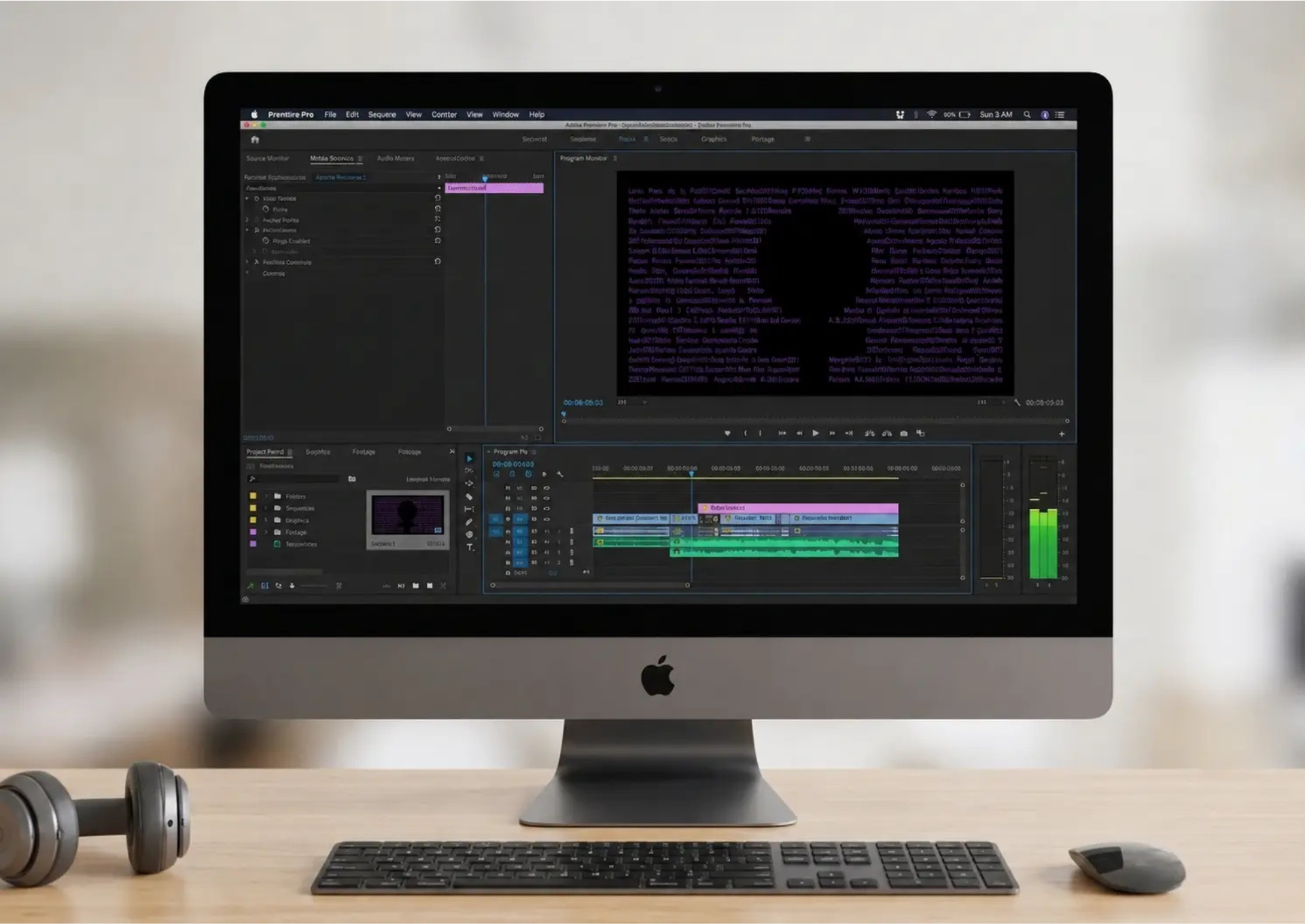A silver iMac desktop computer sits on a wooden desk, displaying the Adobe Premiere Pro video editing software interface with a complex timeline and project panel. The keyboard and mouse are in front, with headphones to the left.